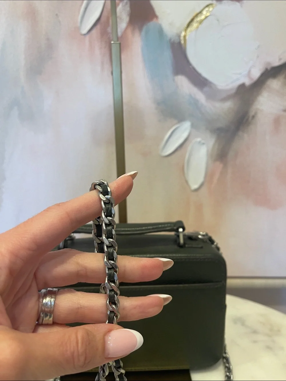 Tory Burch Dark Green Britten Leather Top-Handle Bag with Chain